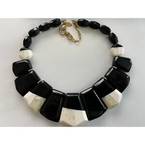 Vintage Chico's Chunky Statement Necklace White Black Plastic Geometric